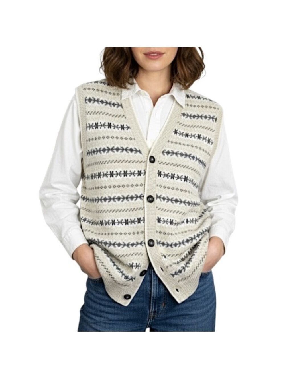 Vintage 80s 90s fair isle style beige cream cotton button front sweater vest S
